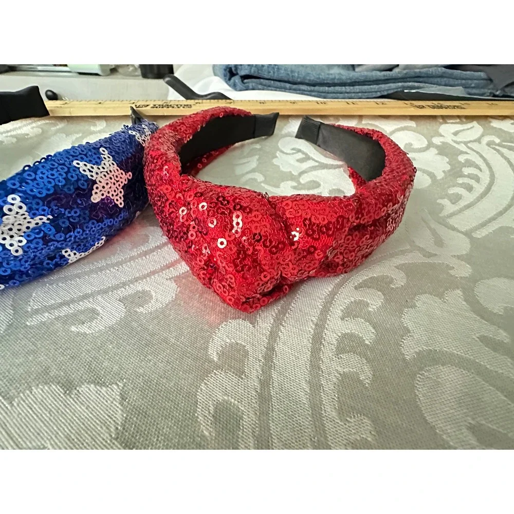 Kids Sequin Knot Headbands Red Blue Star Patriotic‎ Headwear Set